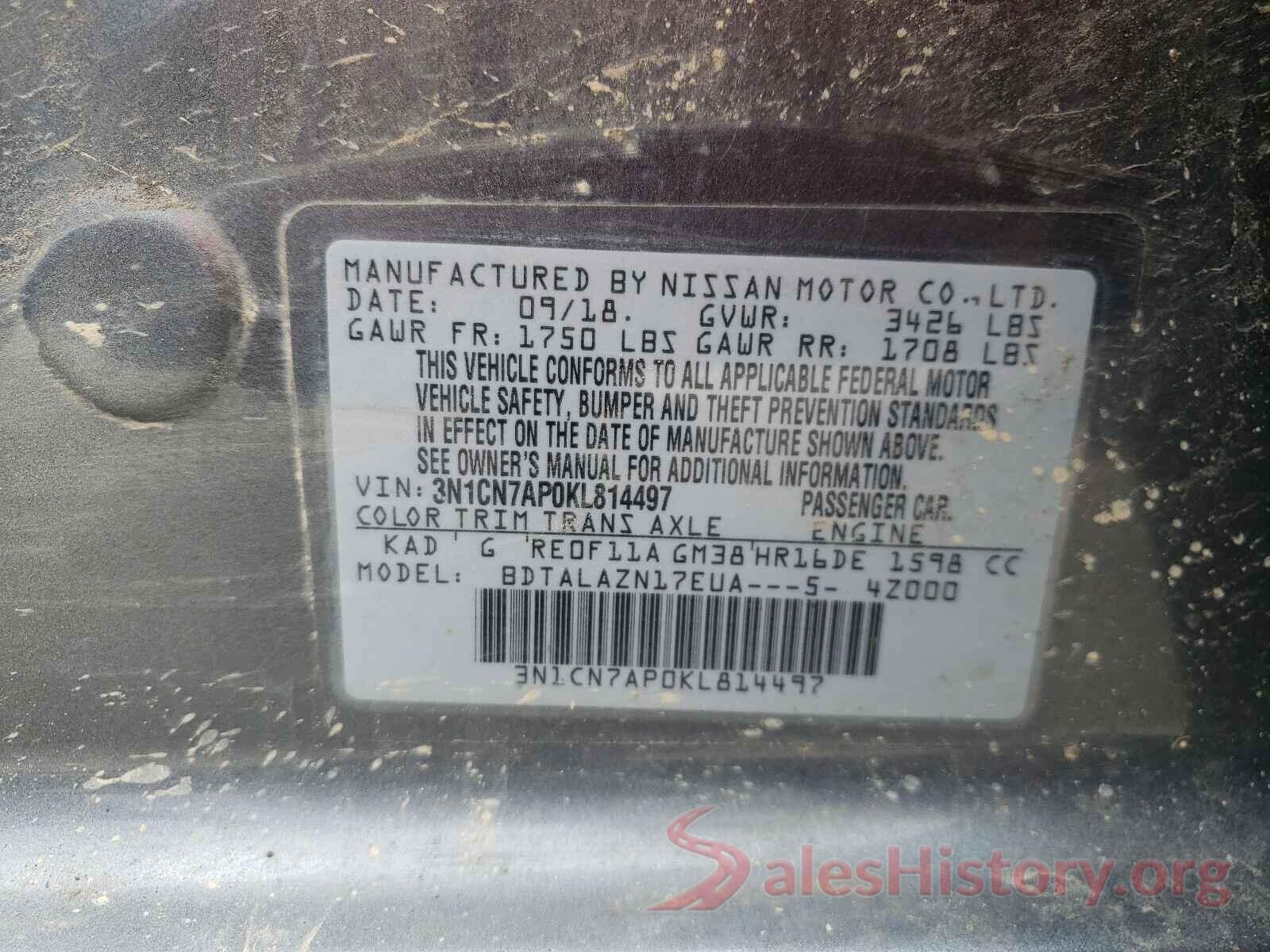 3N1CN7AP0KL814497 2019 NISSAN VERSA