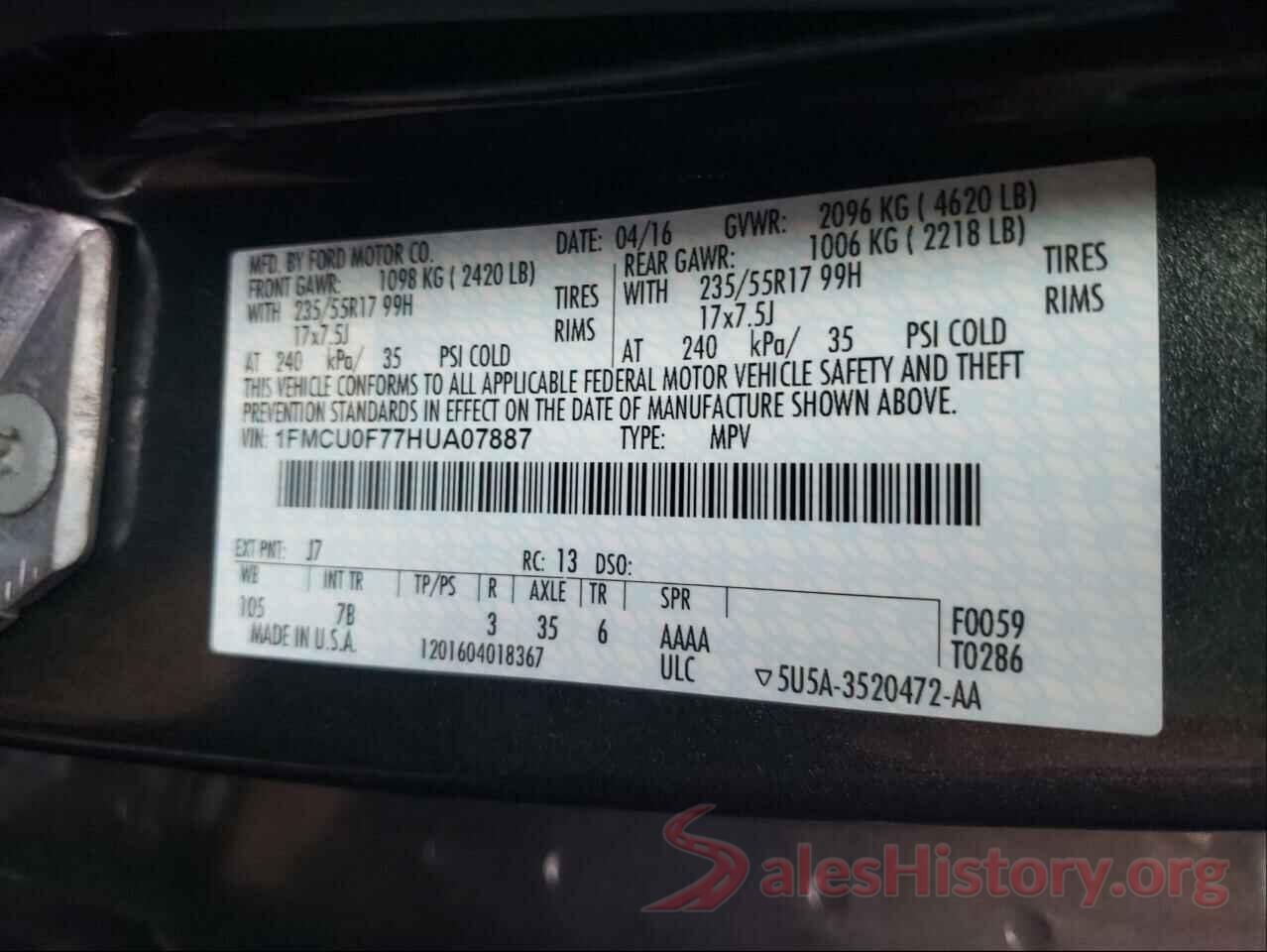 1FMCU0F77HUA07887 2017 FORD ESCAPE