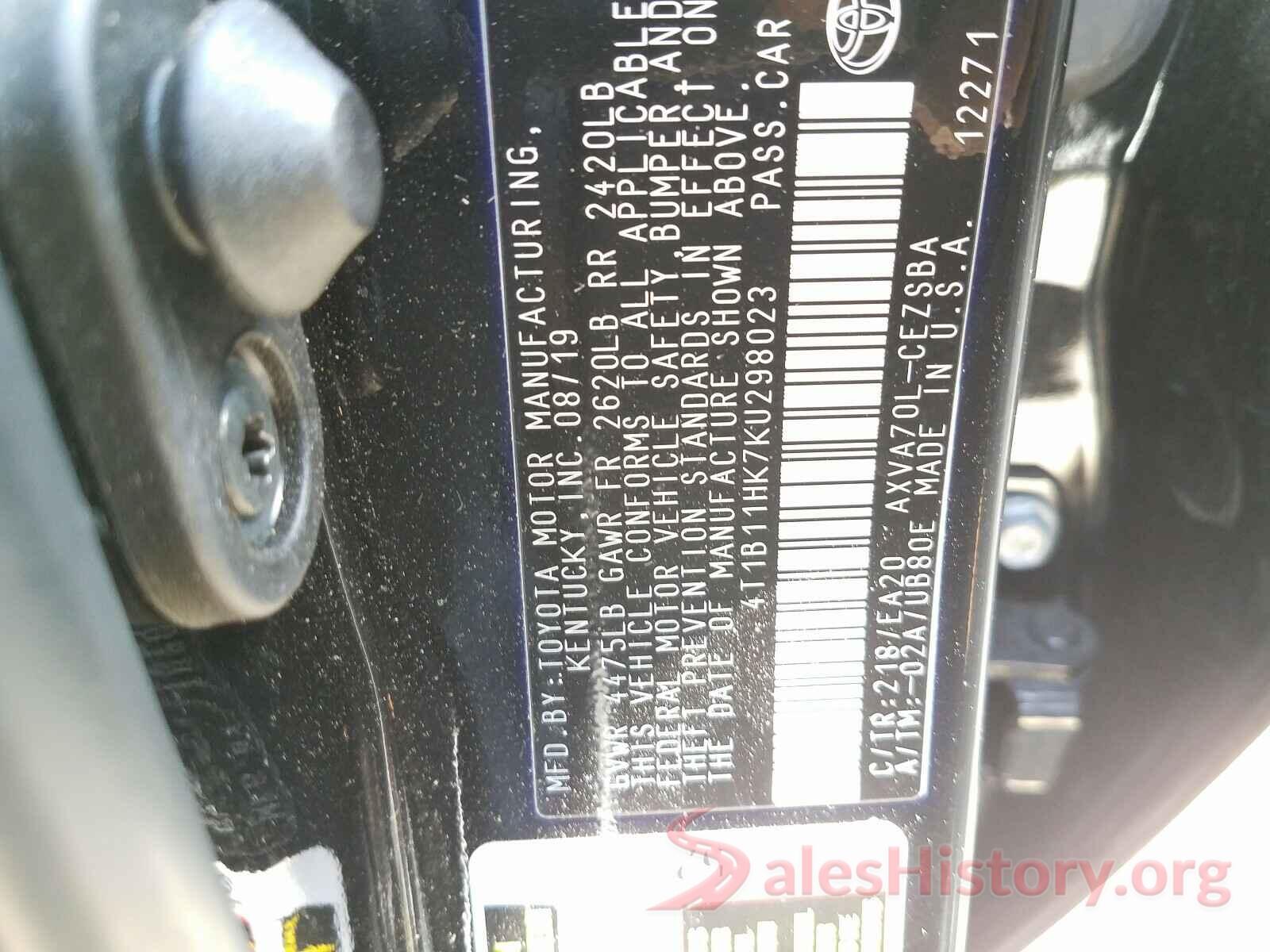 4T1B11HK7KU298023 2019 TOYOTA CAMRY