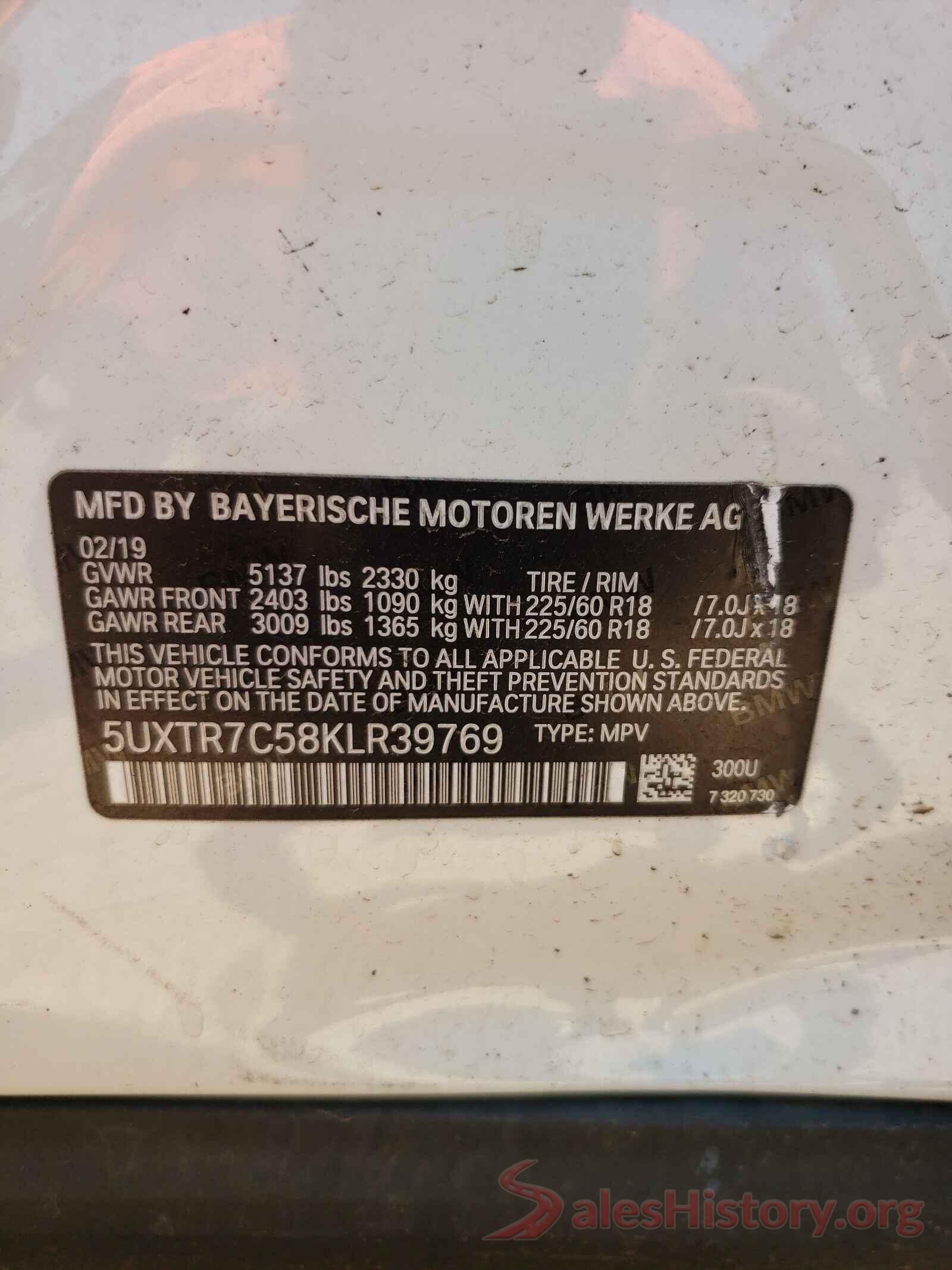 5UXTR7C58KLR39769 2019 BMW X3