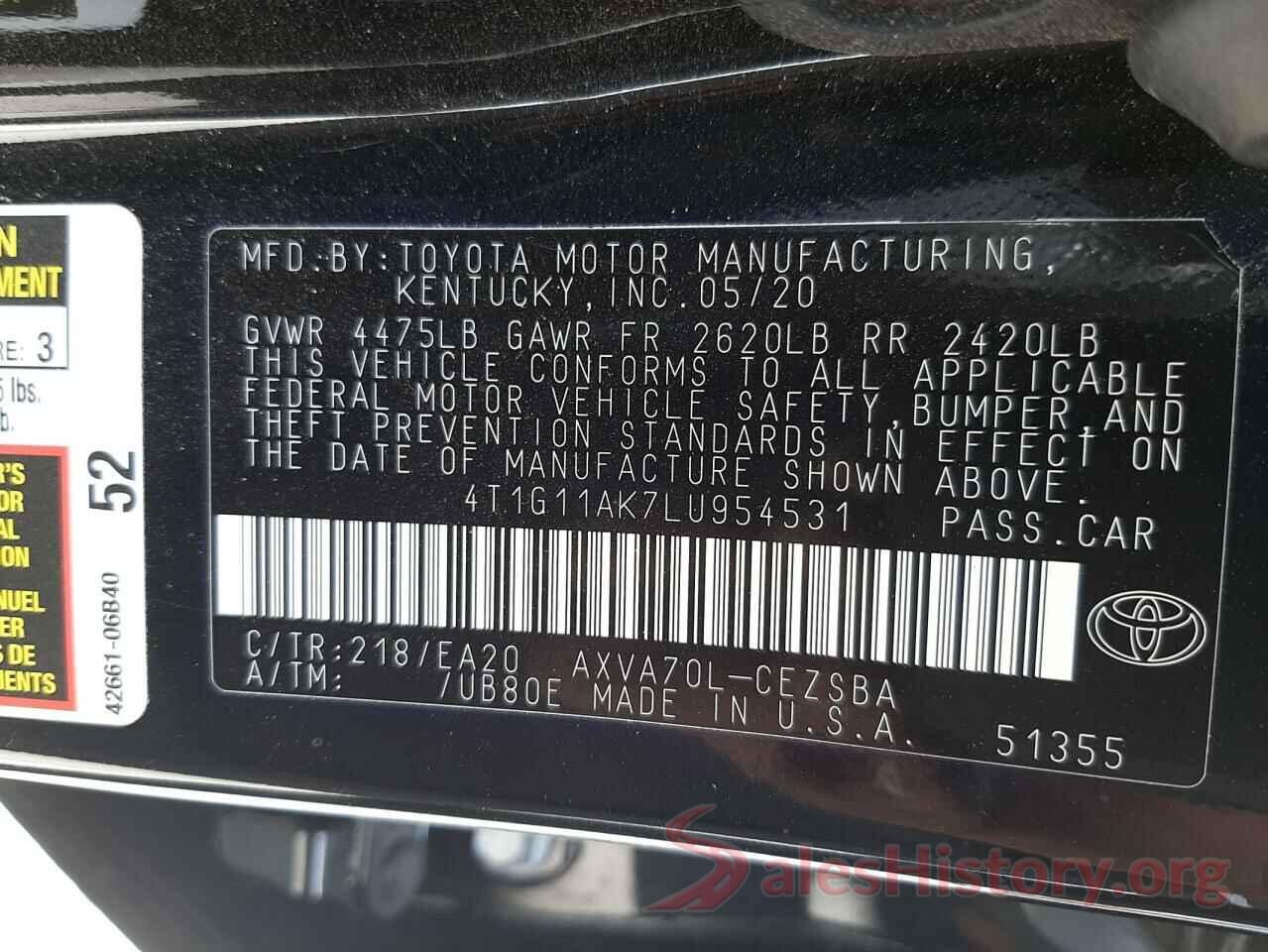 4T1G11AK7LU954531 2020 TOYOTA CAMRY