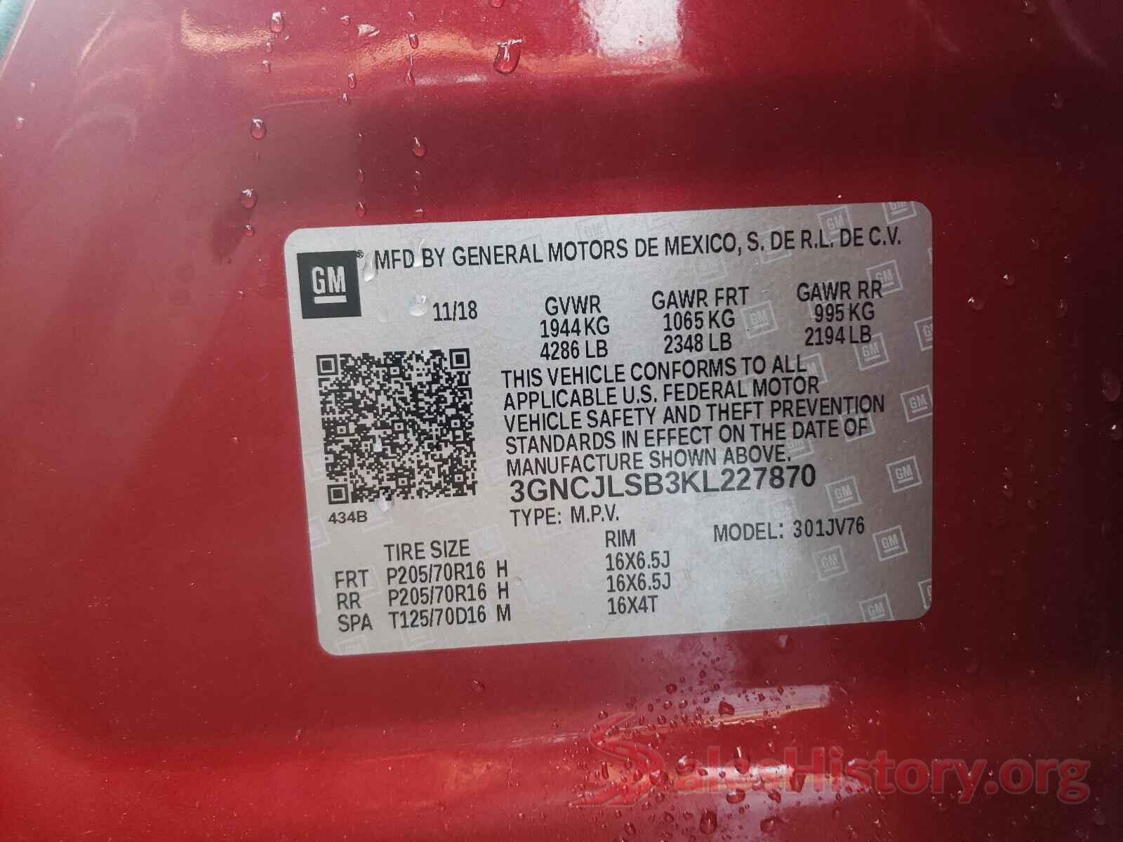 3GNCJLSB3KL227870 2019 CHEVROLET TRAX