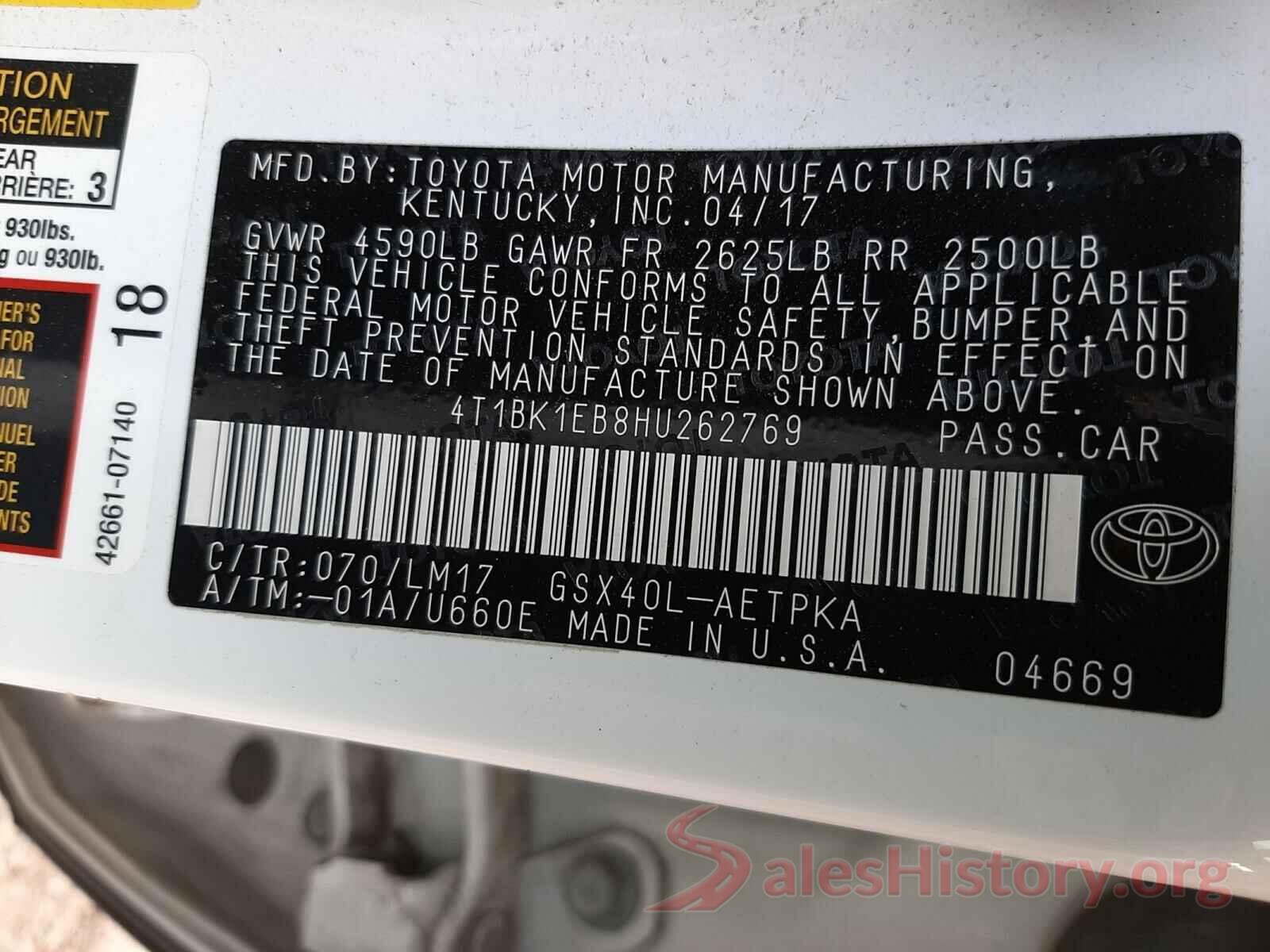 4T1BK1EB8HU262769 2017 TOYOTA AVALON