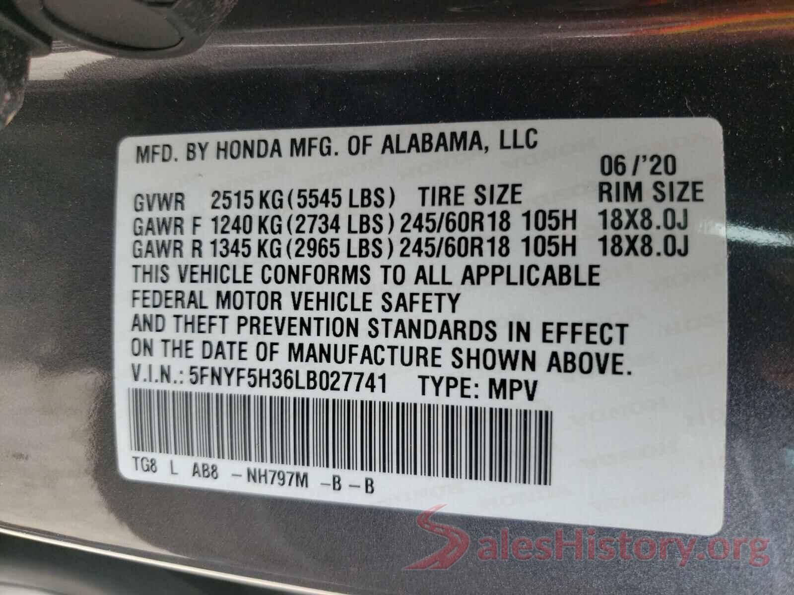 5FNYF5H36LB027741 2020 HONDA PILOT