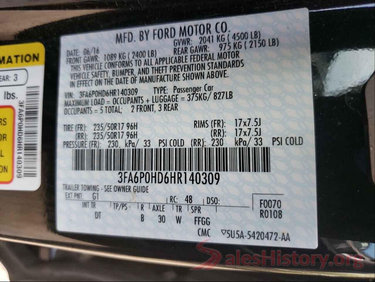 3FA6P0HD6HR140309 2017 FORD FUSION