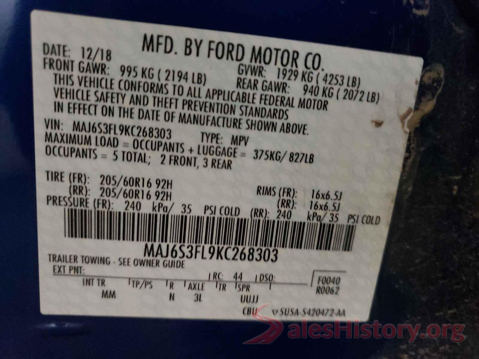 MAJ6S3FL9KC268303 2019 FORD ALL OTHER