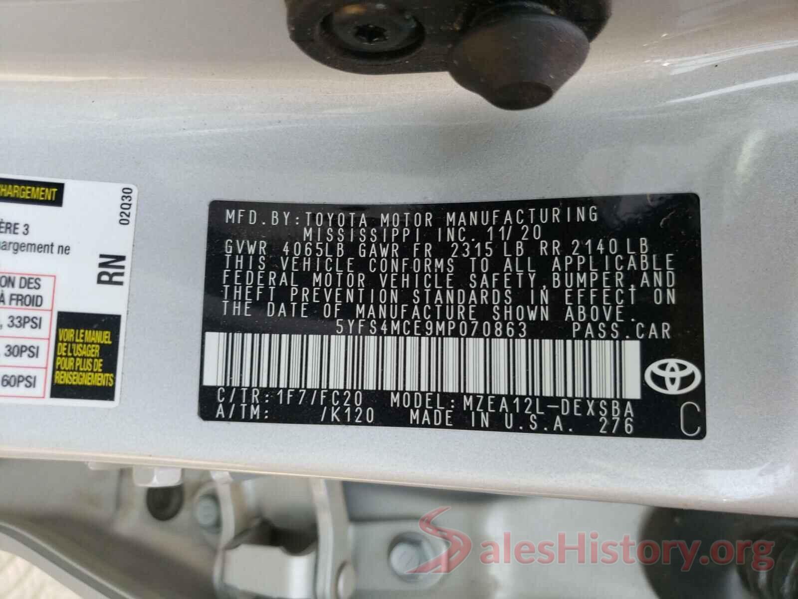 5YFS4MCE9MP070863 2021 TOYOTA COROLLA