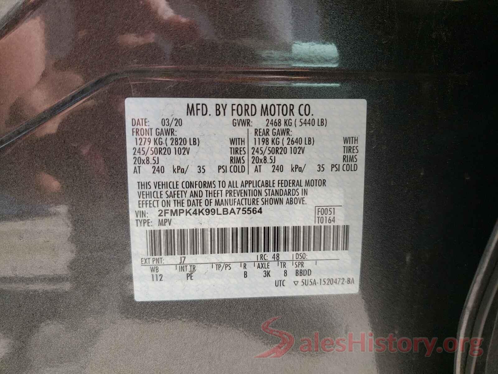 2FMPK4K99LBA75564 2020 FORD EDGE