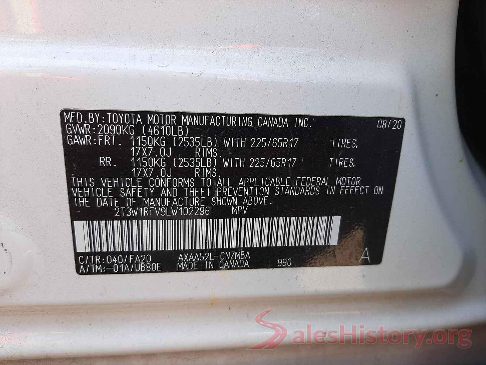 2T3W1RFV9LW102296 2020 TOYOTA RAV4