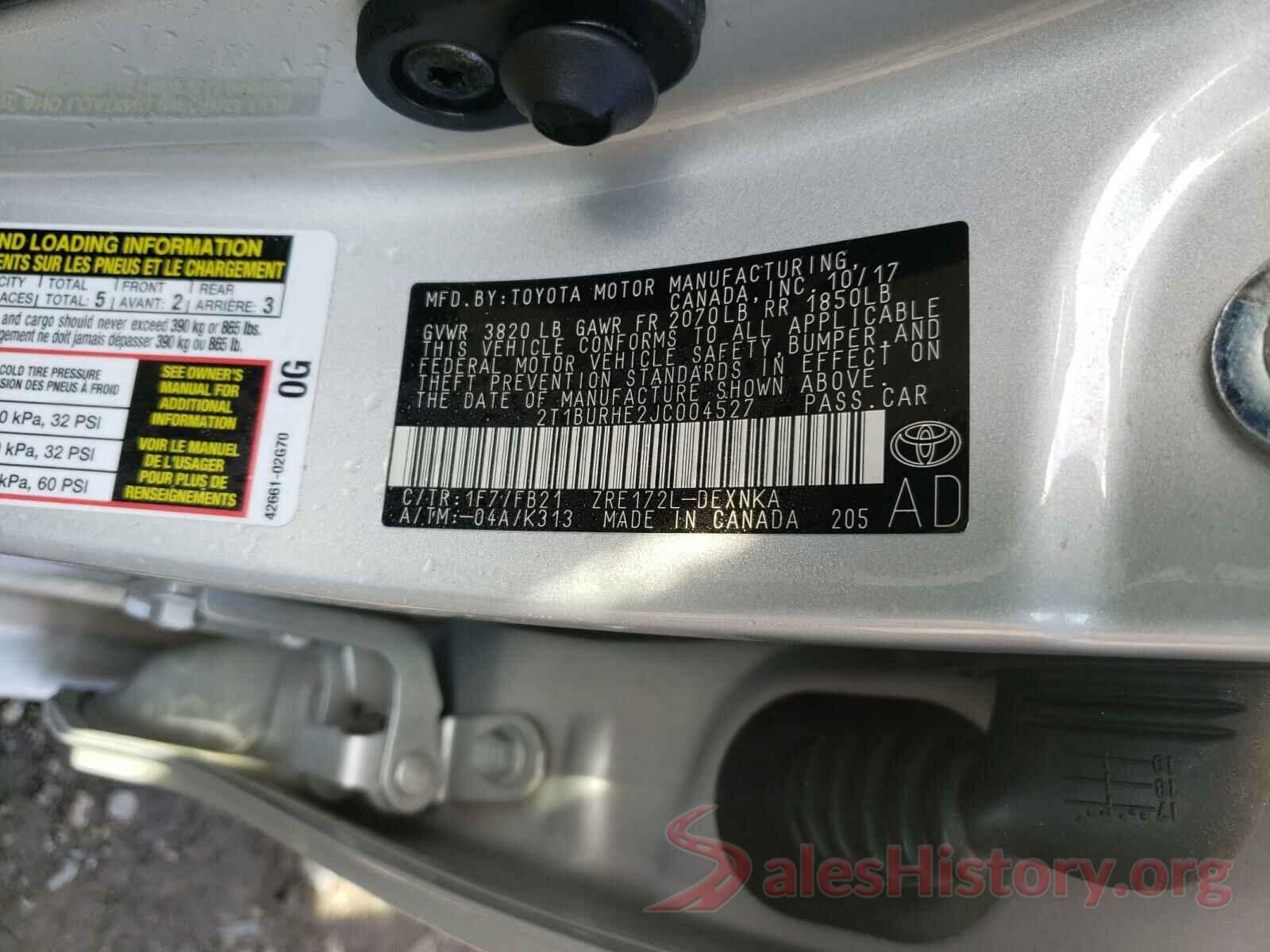 2T1BURHE2JC004527 2018 TOYOTA COROLLA