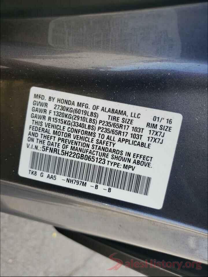 5FNRL5H22GB065123 2016 HONDA ODYSSEY