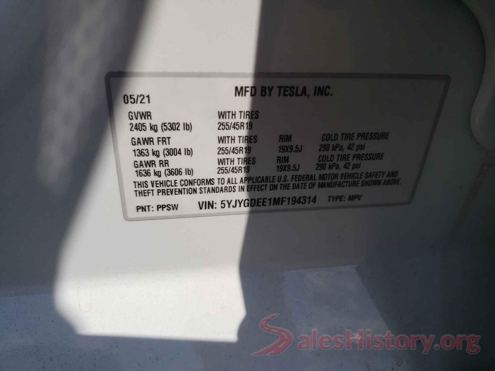 5YJYGDEE1MF194314 2021 TESLA MODEL Y