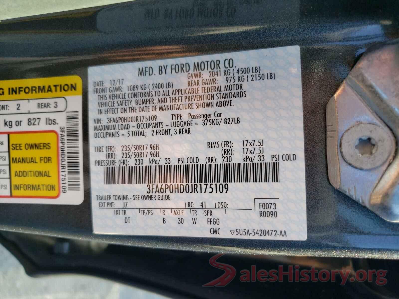 3FA6P0HD0JR175109 2018 FORD FUSION