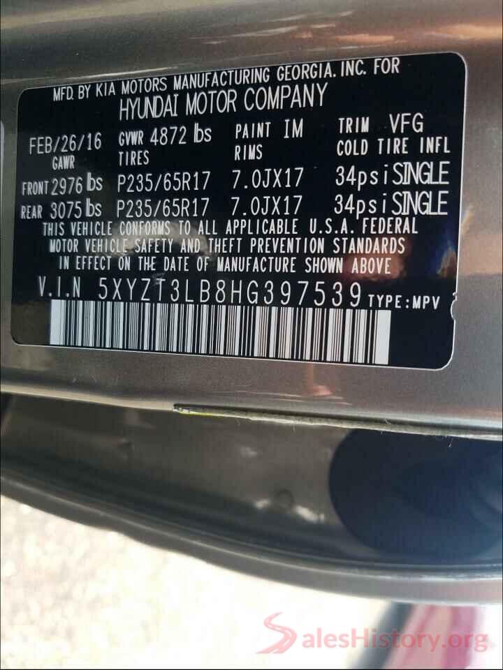 5XYZT3LB8HG397539 2017 HYUNDAI SANTA FE