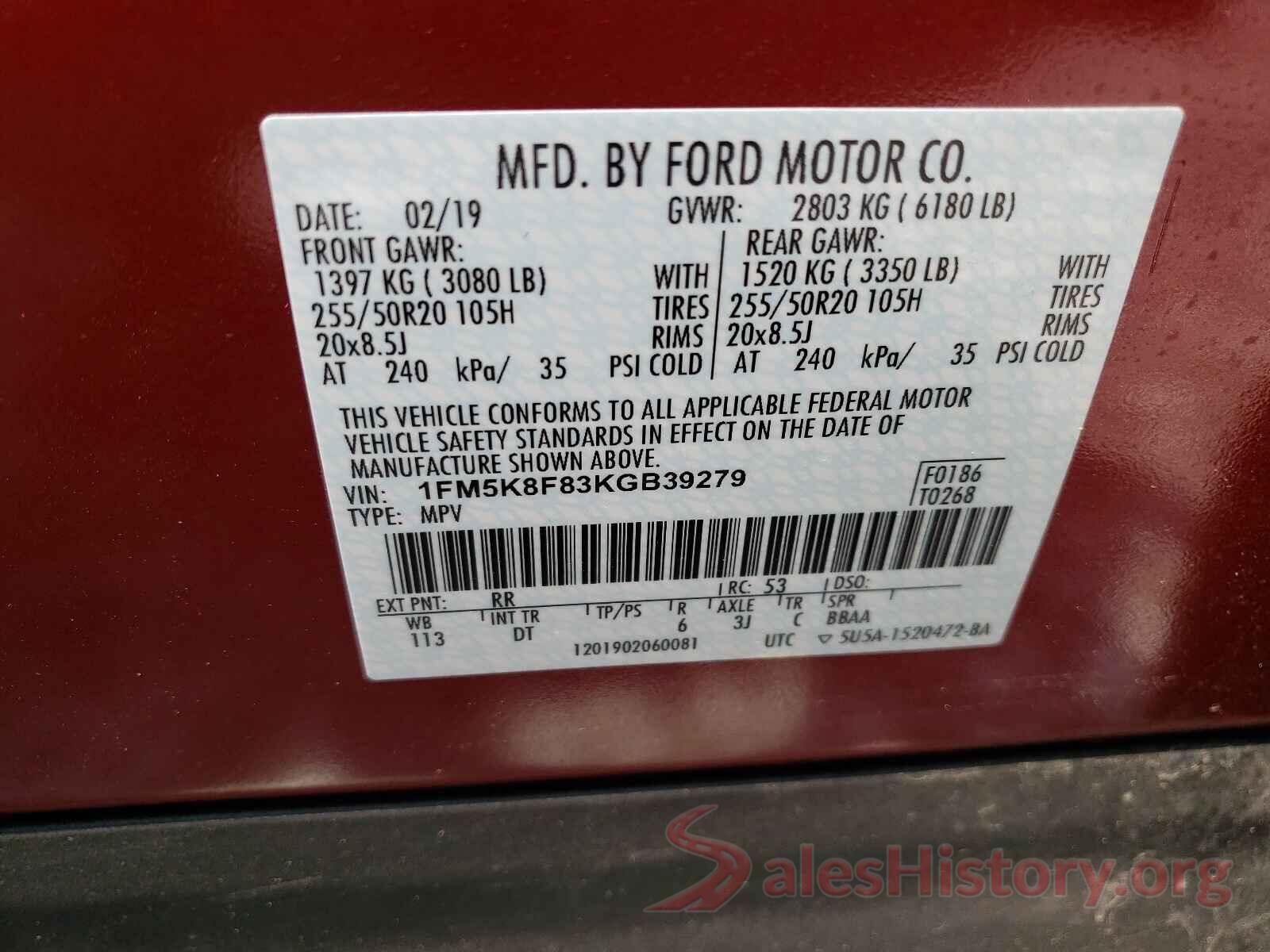 1FM5K8F83KGB39279 2019 FORD EXPLORER