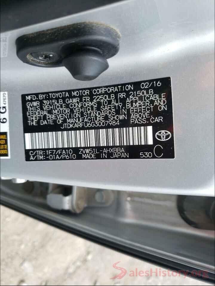 JTDKARFU6G3007984 2016 TOYOTA PRIUS