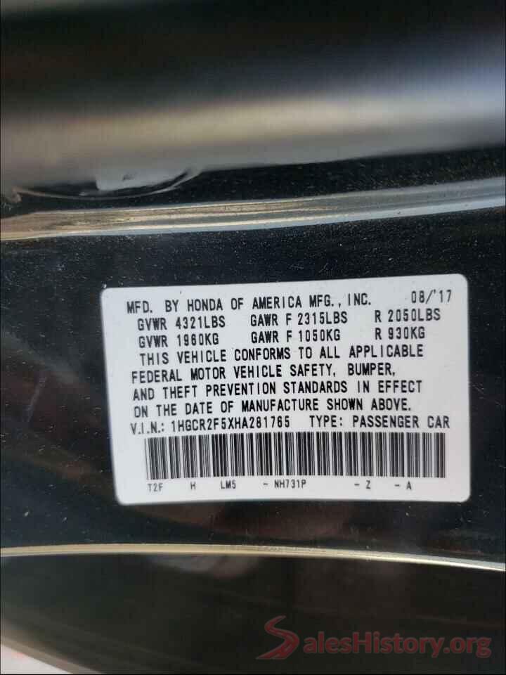 1HGCR2F5XHA281765 2017 HONDA ACCORD