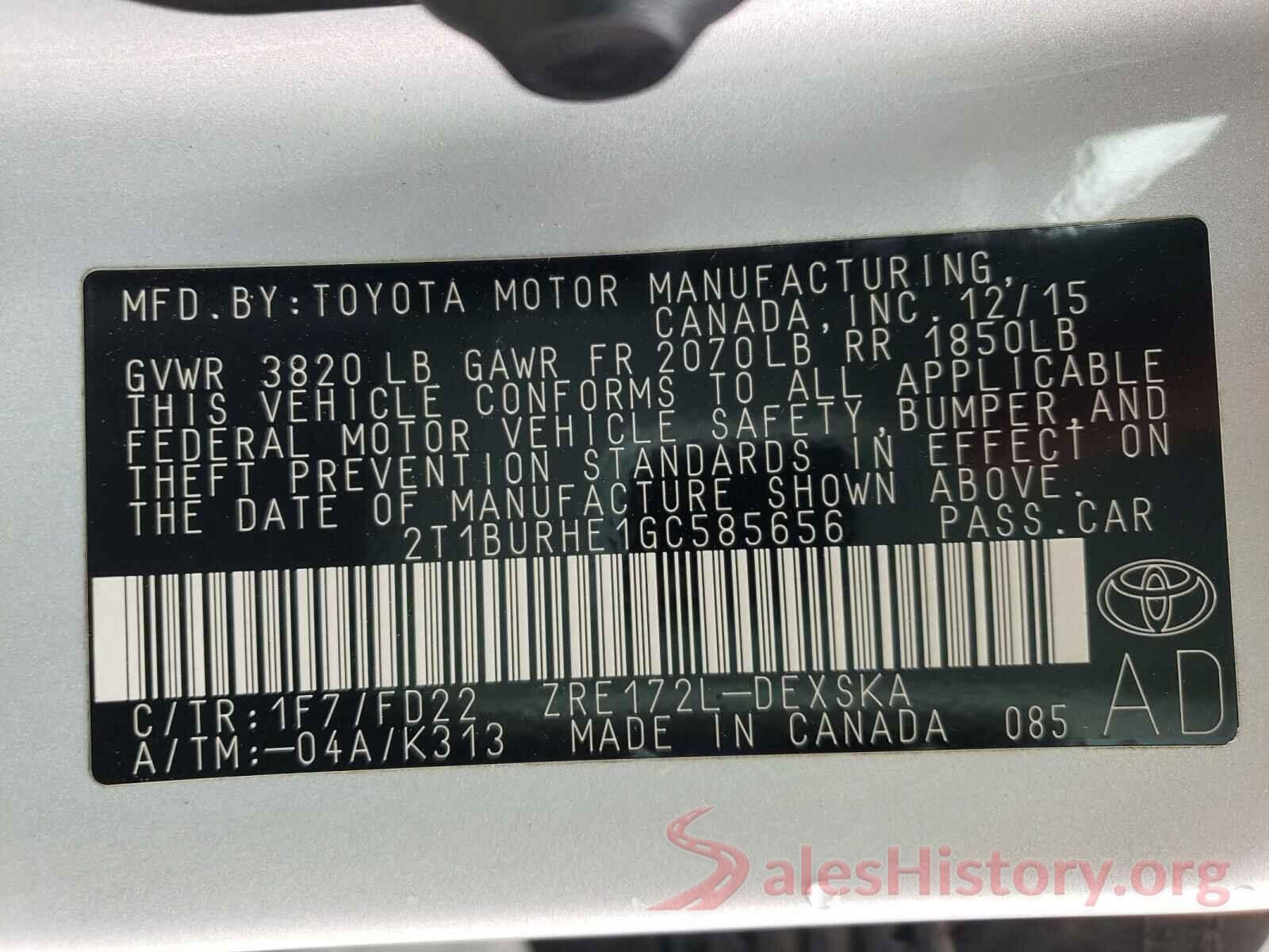 2T1BURHE1GC585656 2016 TOYOTA COROLLA