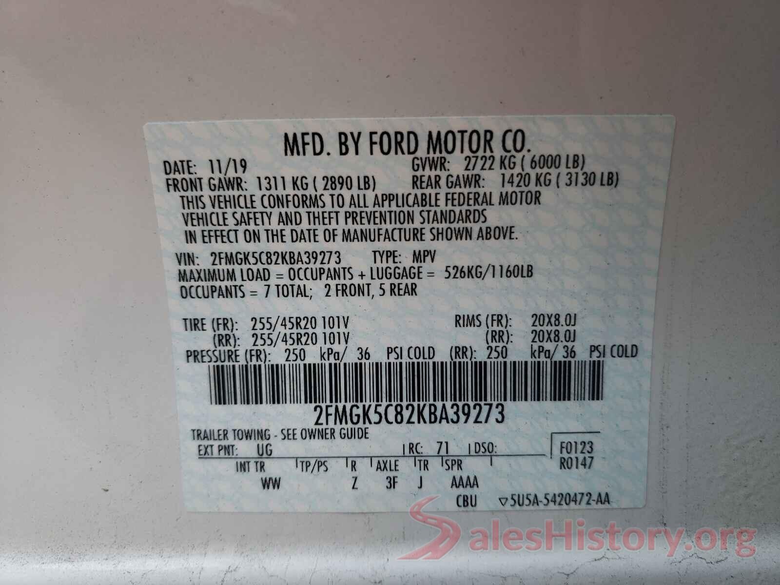 2FMGK5C82KBA39273 2019 FORD FLEX