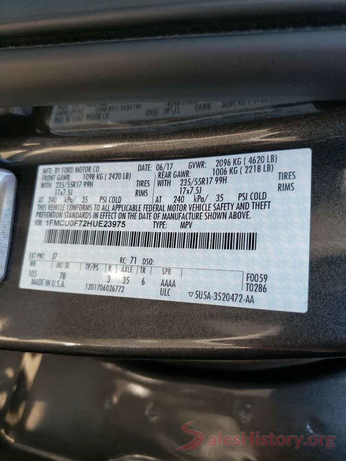 1FMCU0F72HUE23975 2017 FORD ESCAPE