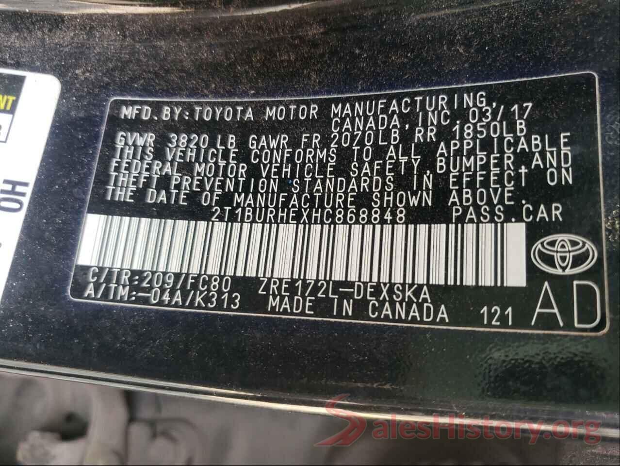 2T1BURHEXHC868848 2017 TOYOTA COROLLA