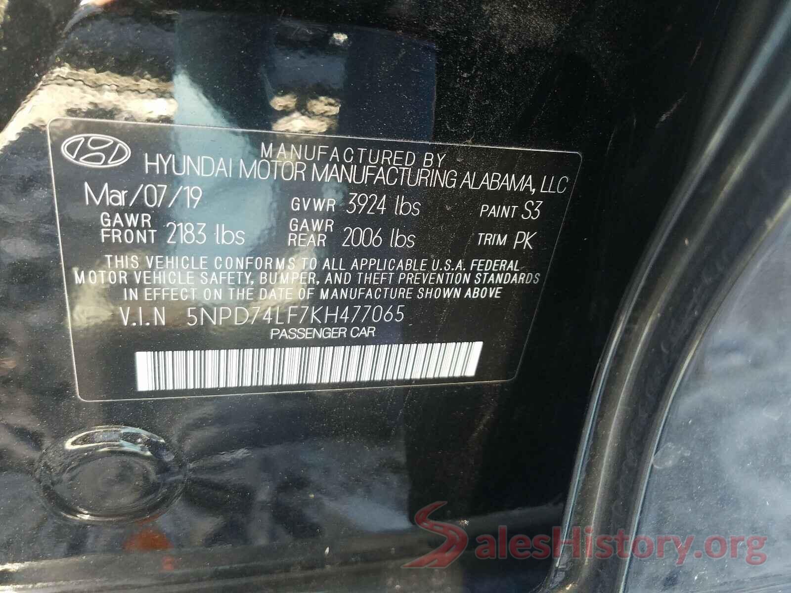 5NPD74LF7KH477065 2019 HYUNDAI ELANTRA