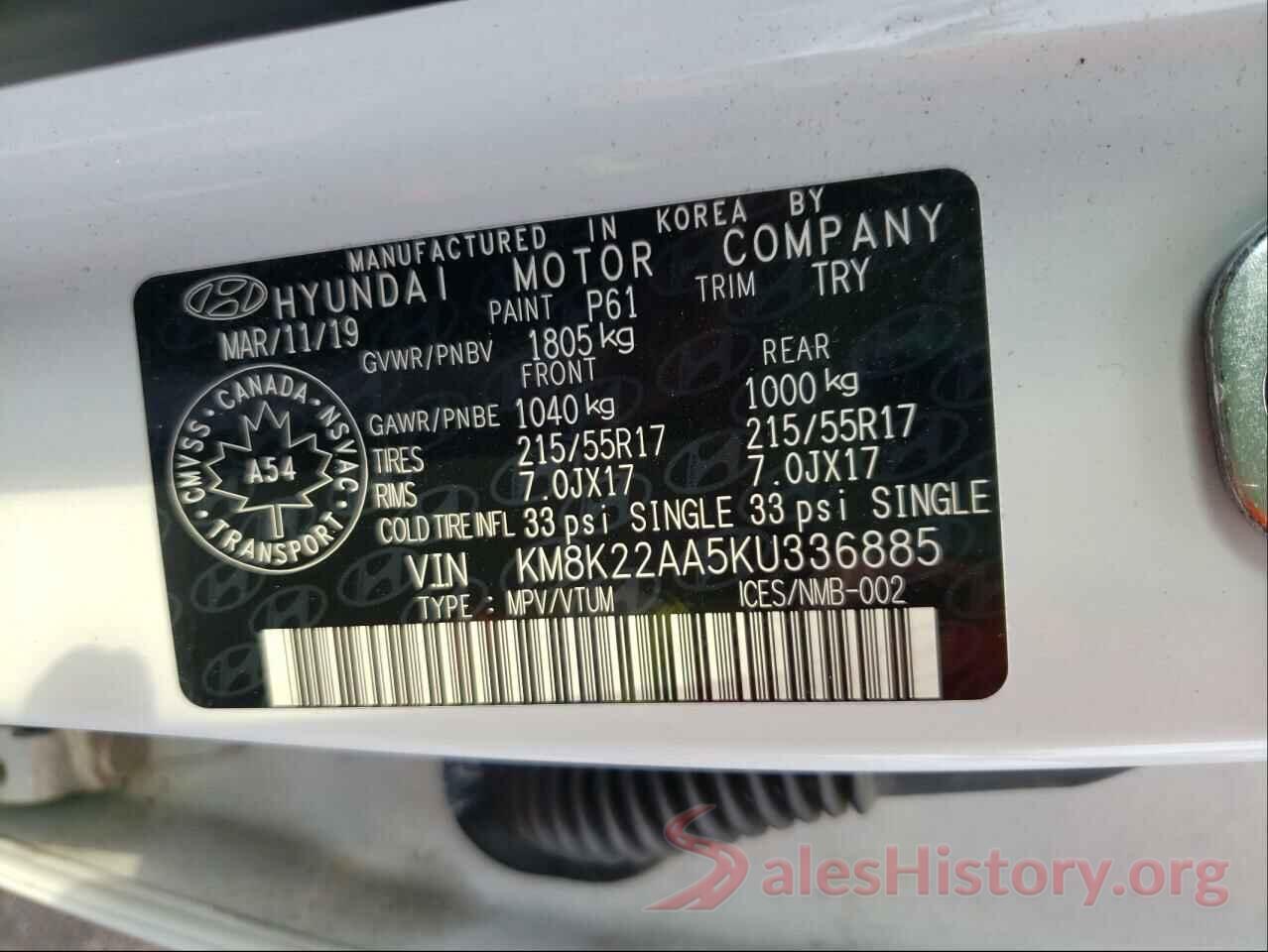 KM8K22AA5KU336885 2019 HYUNDAI KONA