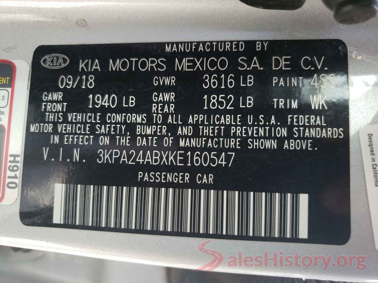 3KPA24ABXKE160547 2019 KIA RIO