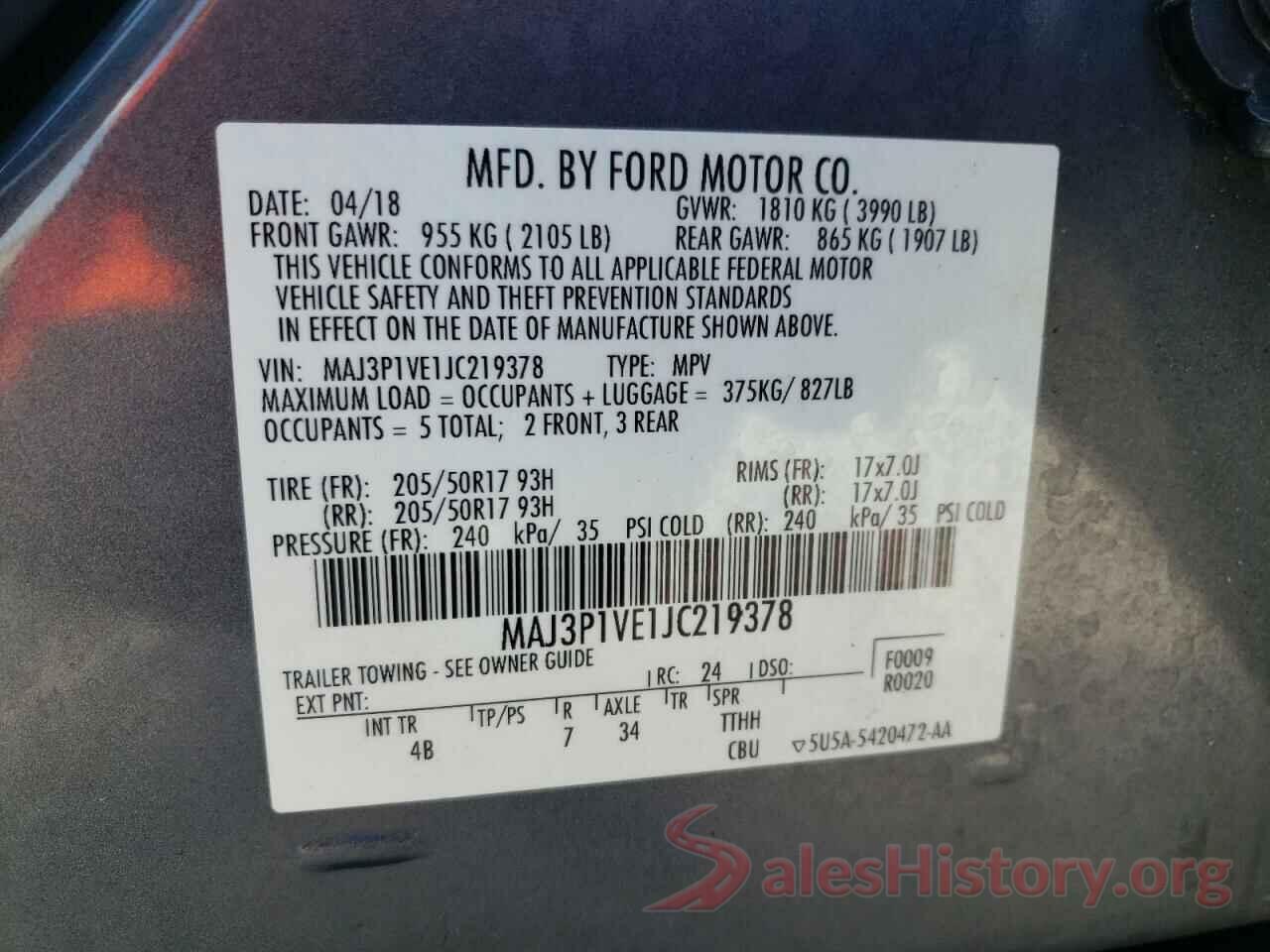 MAJ3P1VE1JC219378 2018 FORD ECOSPORT