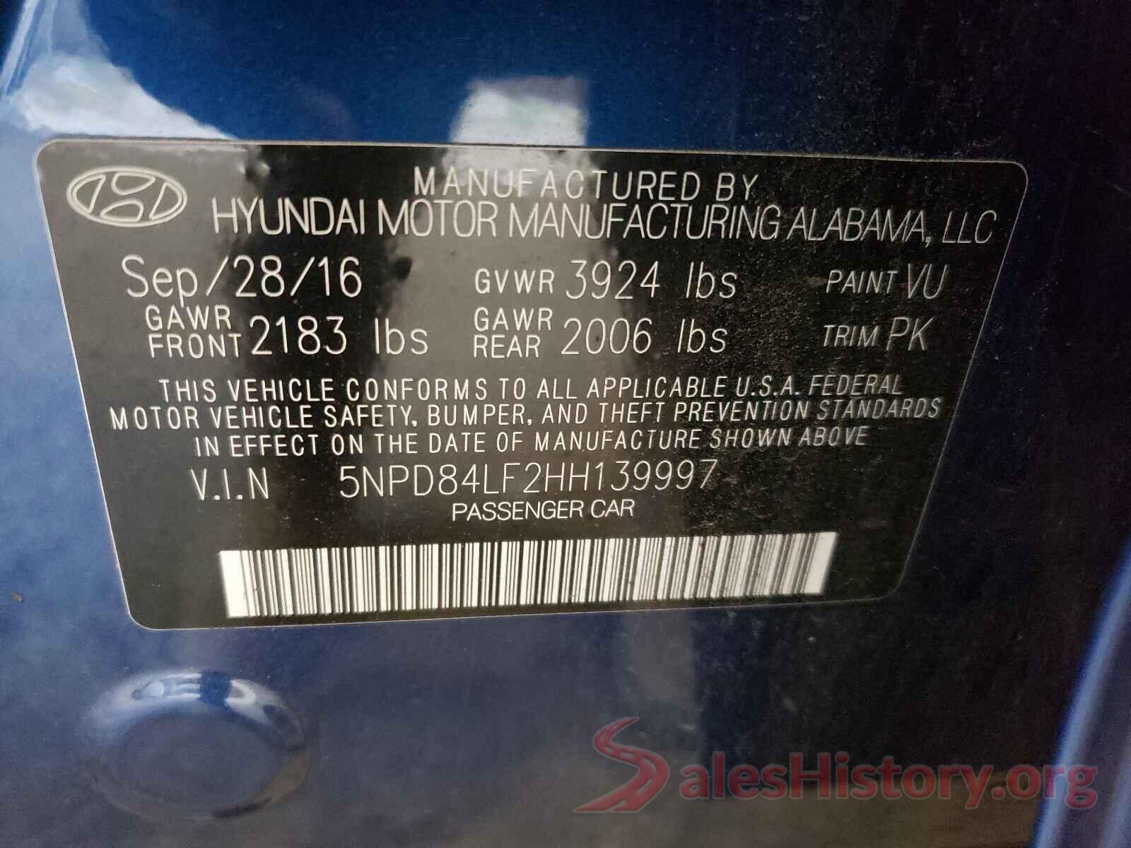 5NPD84LF2HH139997 2017 HYUNDAI ELANTRA