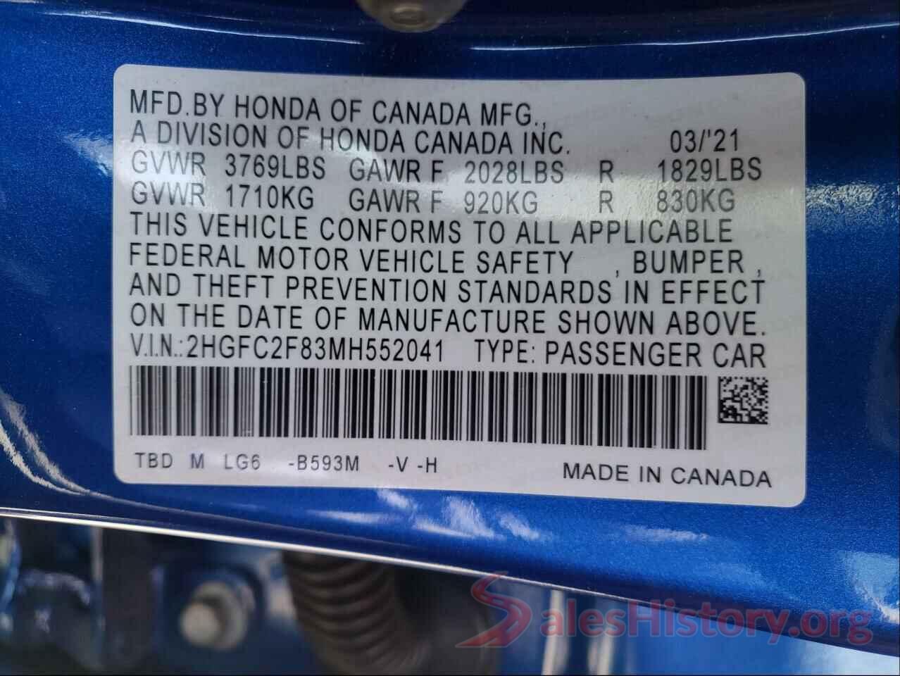 2HGFC2F83MH552041 2021 HONDA CIVIC