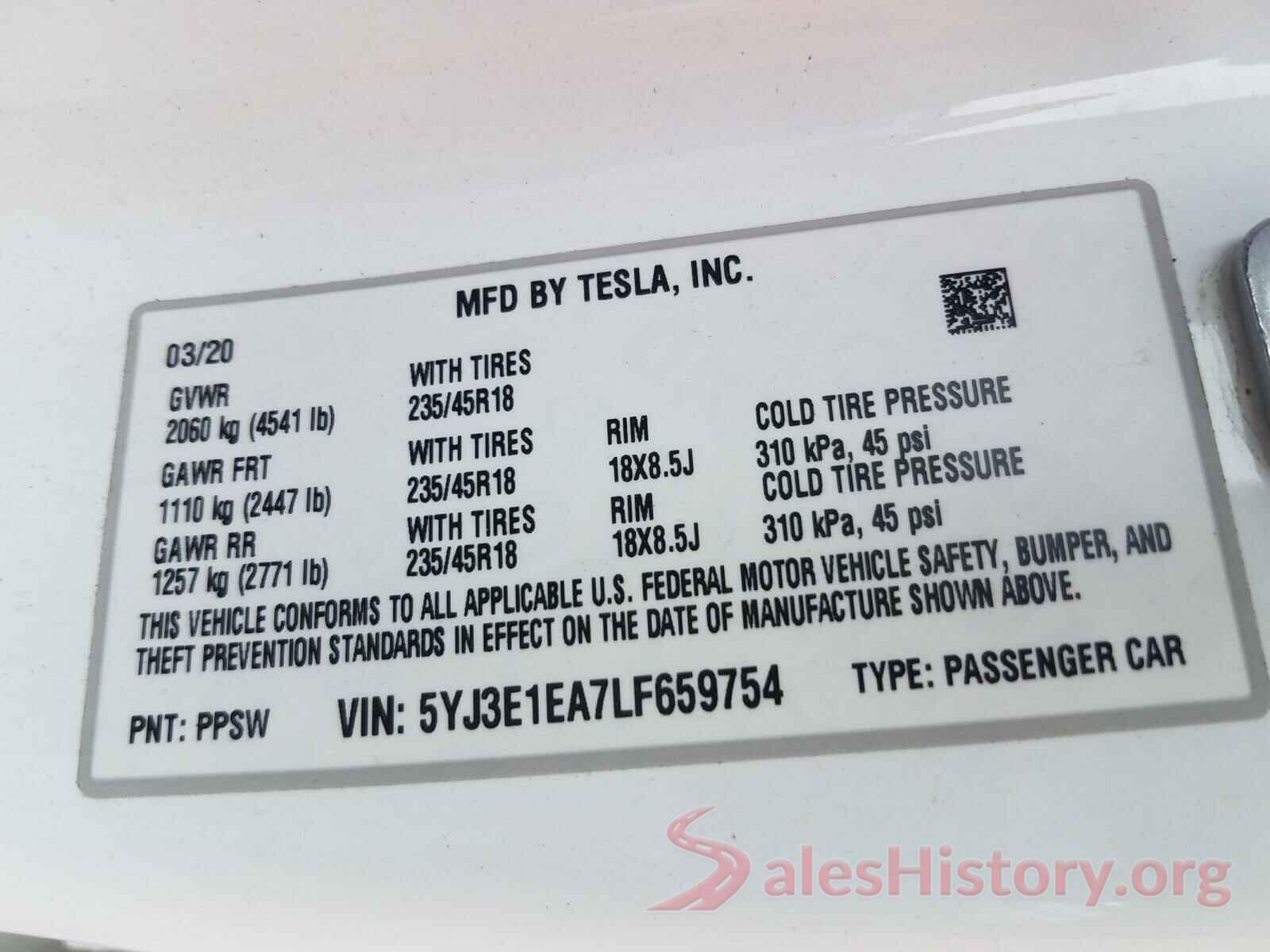 5YJ3E1EA7LF659754 2020 TESLA MODEL 3