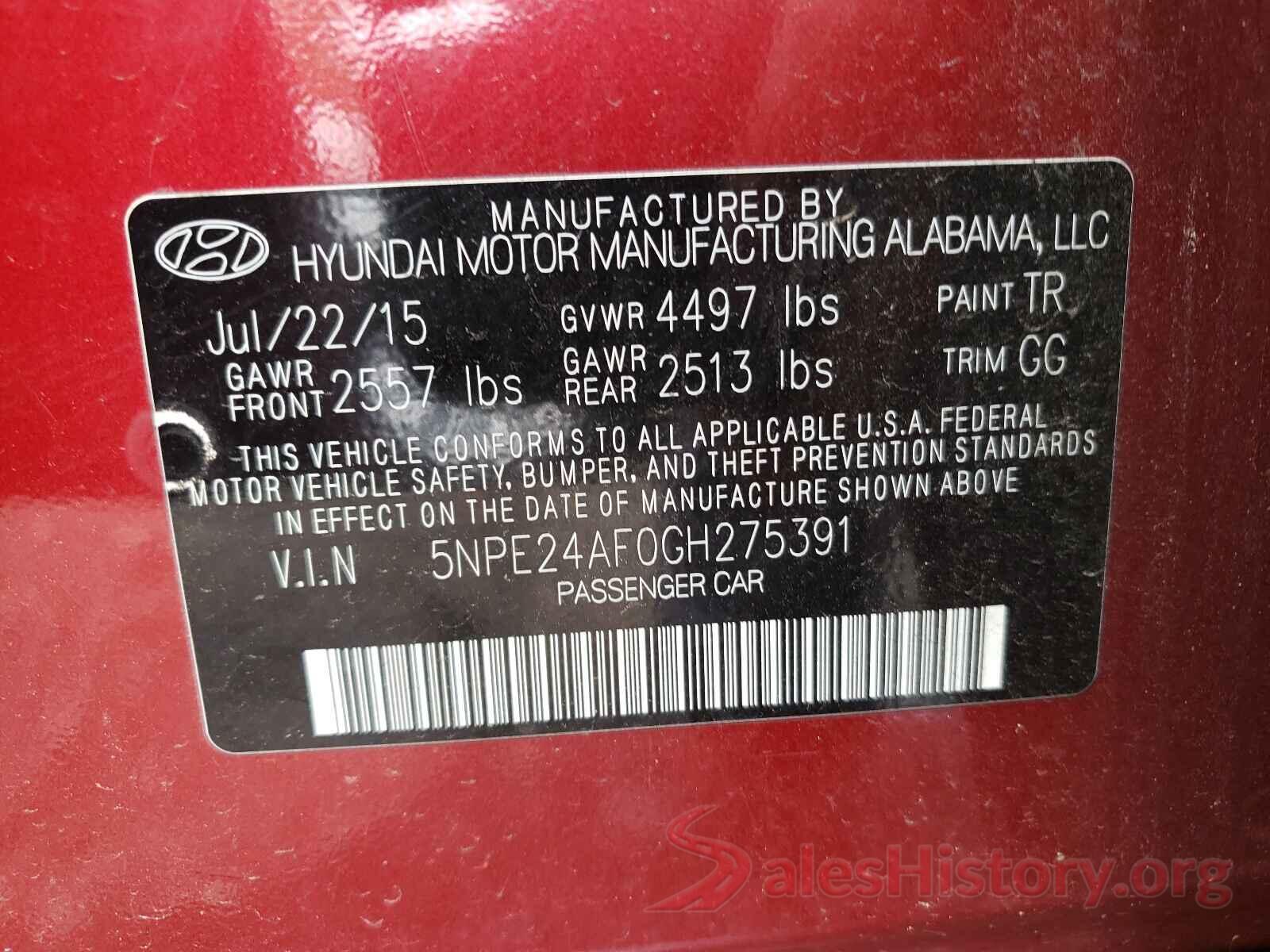 5NPE24AF0GH275391 2016 HYUNDAI SONATA