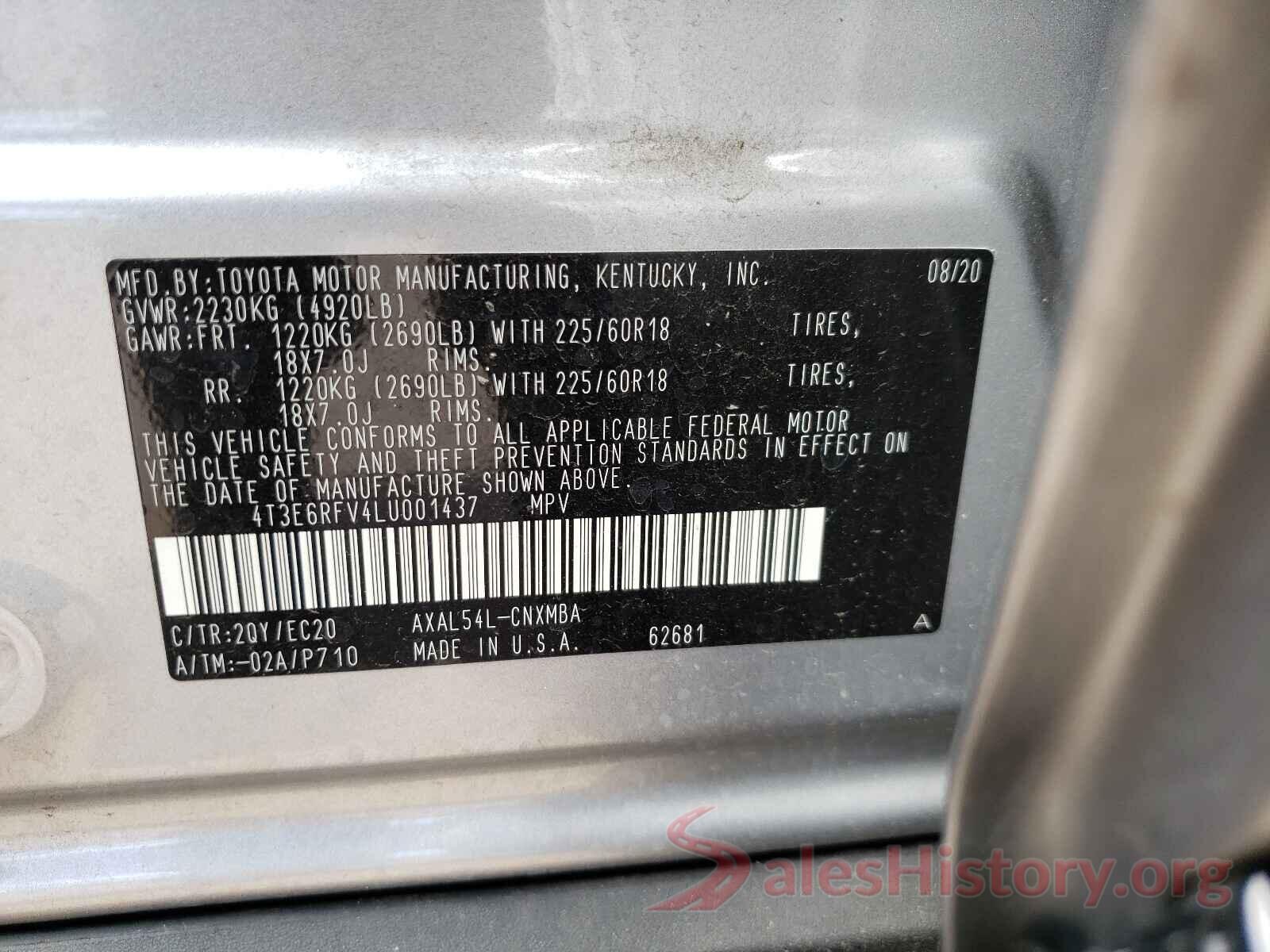 4T3E6RFV4LU001437 2020 TOYOTA RAV4