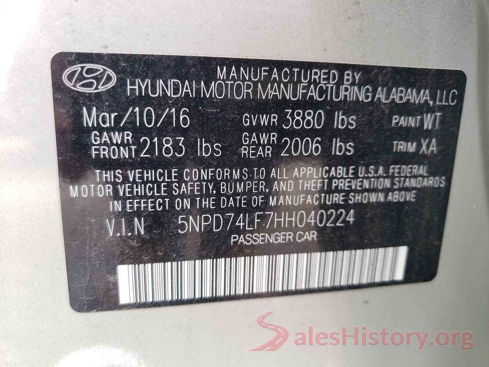 5NPD74LF7HH040224 2017 HYUNDAI ELANTRA