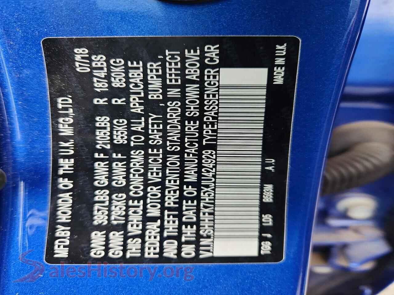 2018 HONDA CIVIC VIN SHHFK7H5XJU424929, wheel and tire