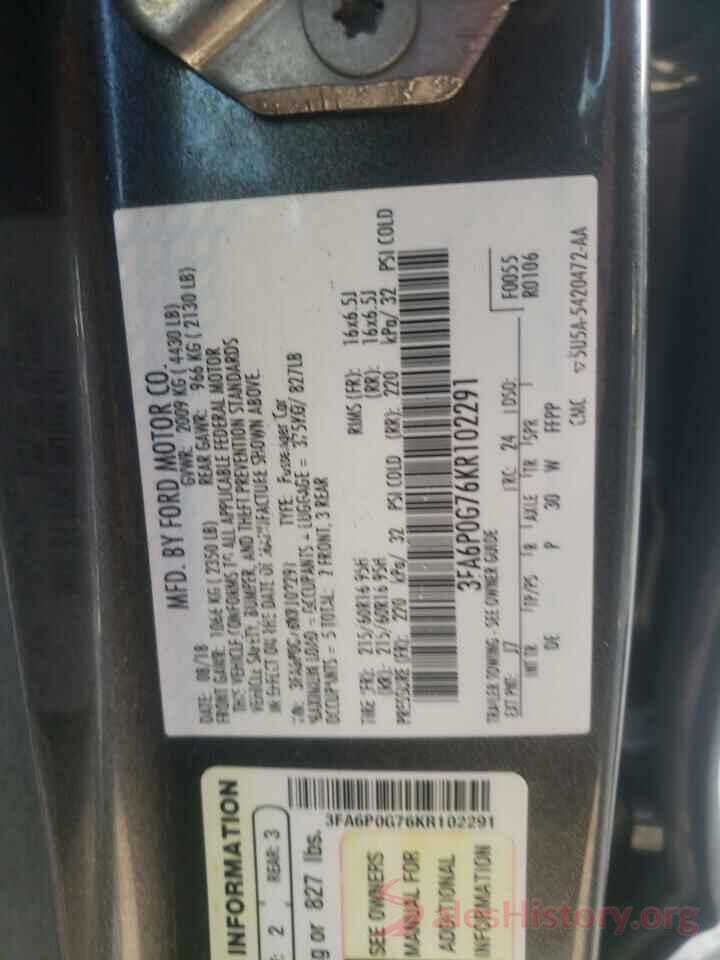 3FA6P0G76KR102291 2019 FORD FUSION