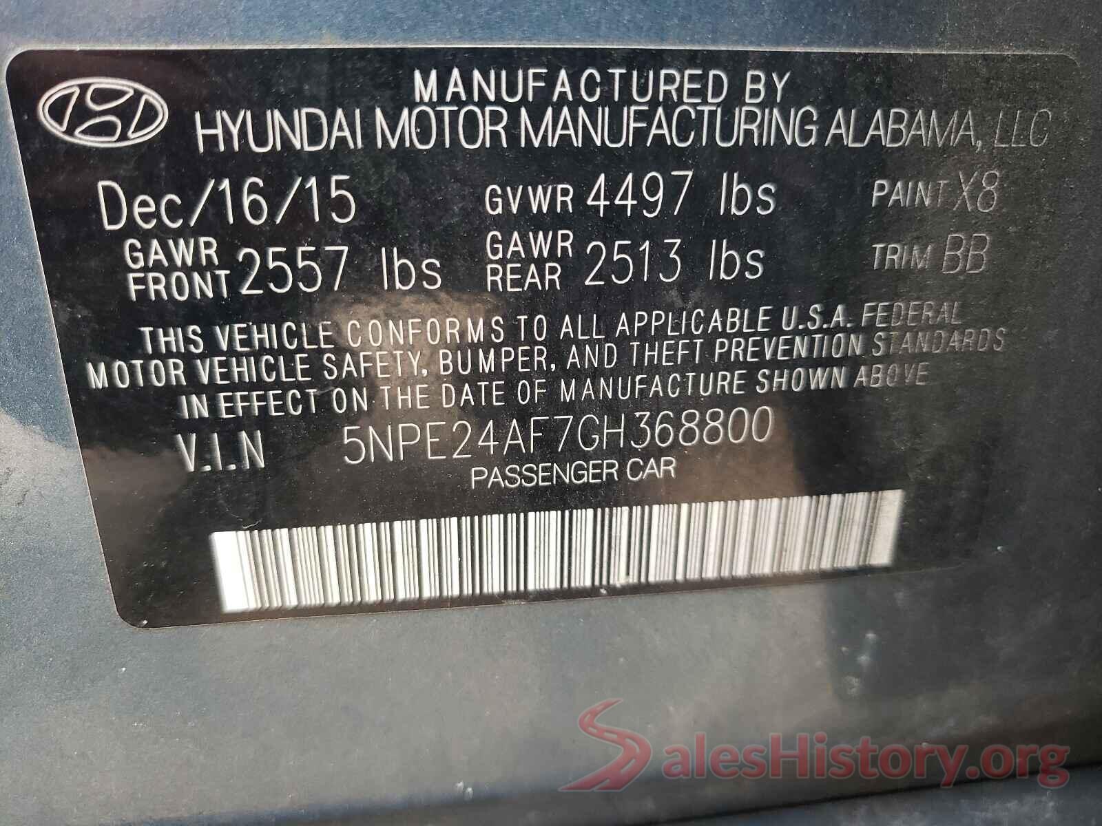 5NPE24AF7GH368800 2016 HYUNDAI SONATA