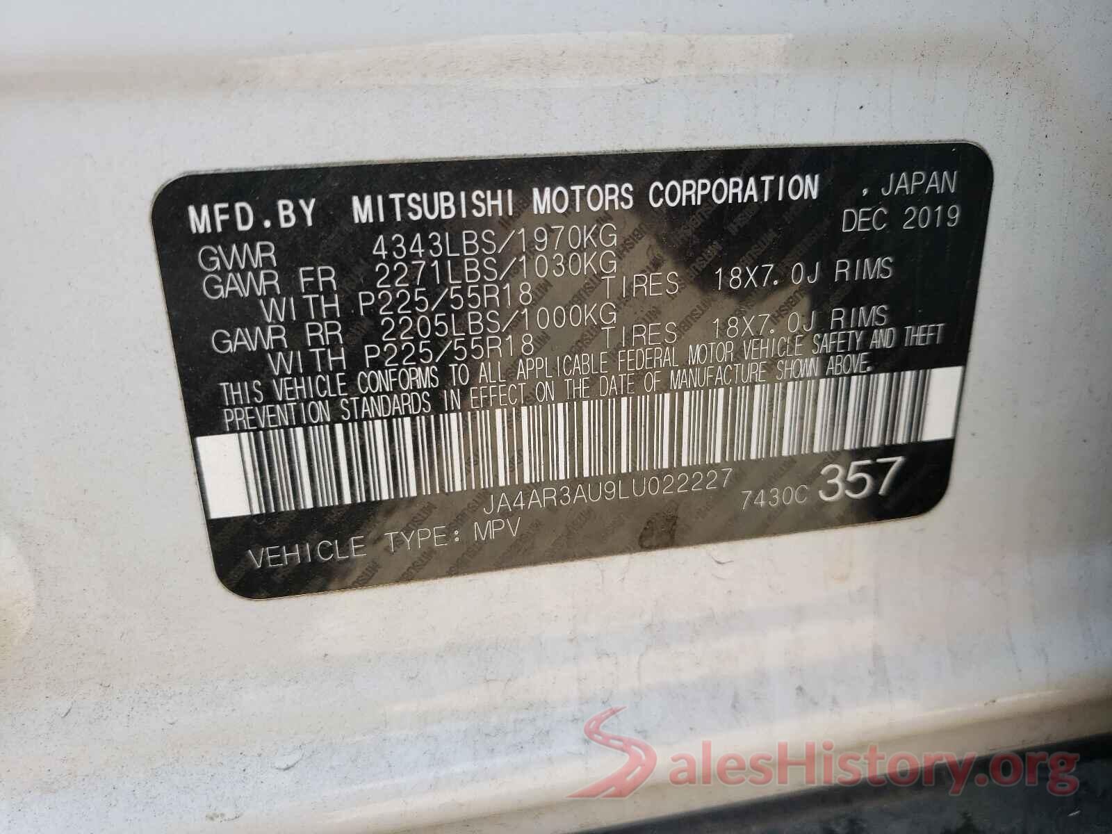 JA4AR3AU9LU022227 2020 MITSUBISHI OUTLANDER