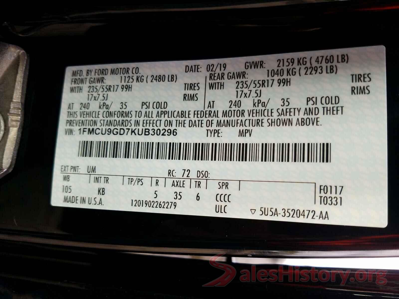 1FMCU9GD7KUB30296 2019 FORD ESCAPE