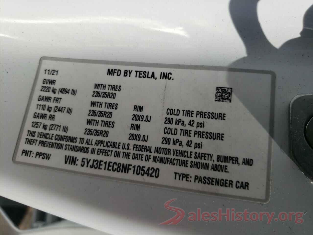 5YJ3E1EC8NF105420 2022 TESLA MODEL 3