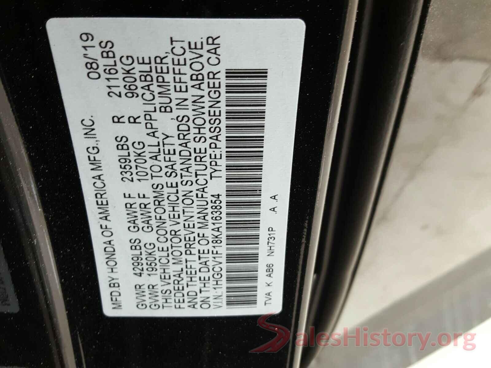 1HGCV1F18KA163854 2019 HONDA ACCORD