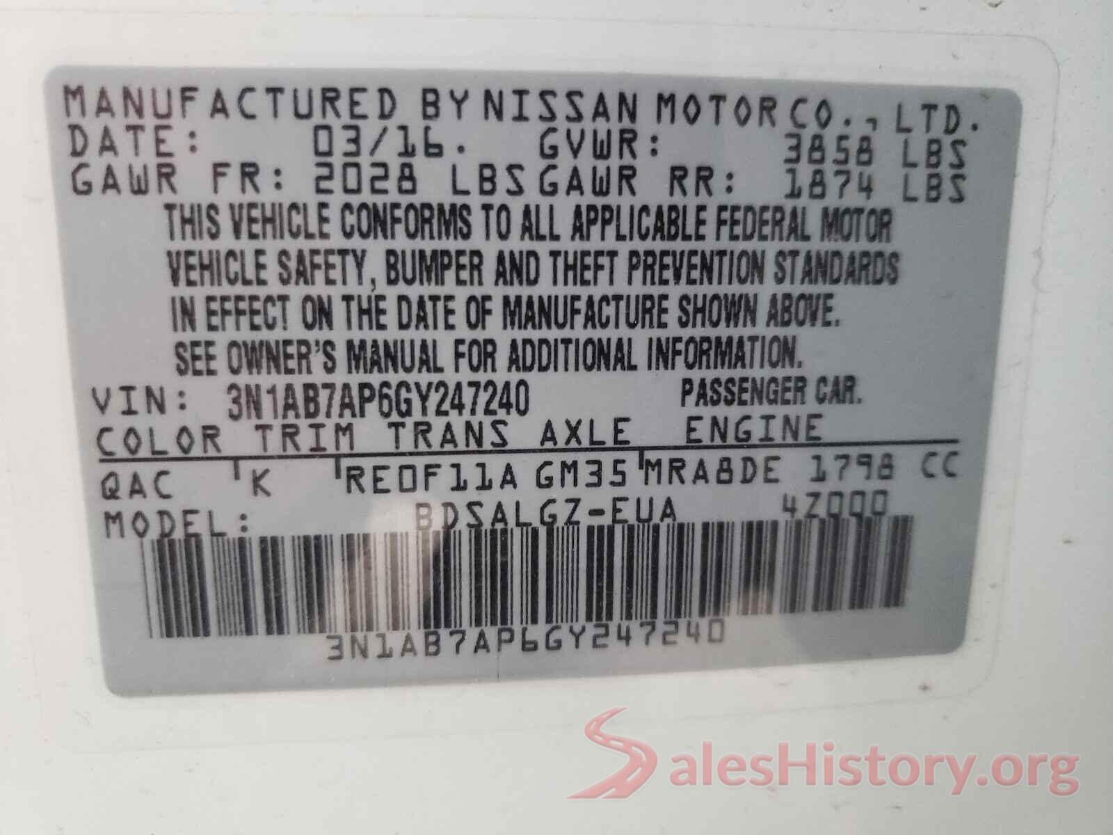 3N1AB7AP6GY247240 2016 NISSAN SENTRA