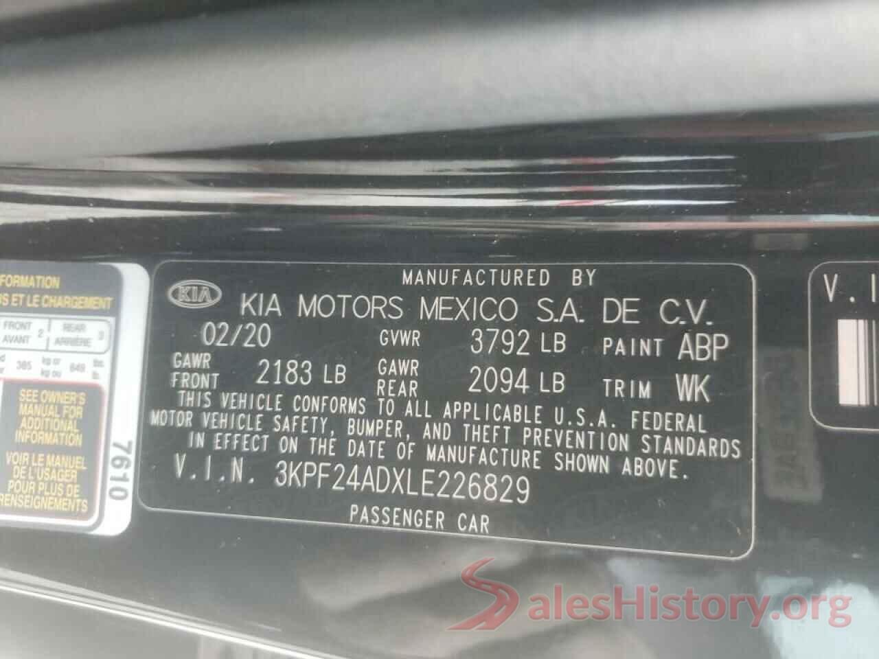 3KPF24ADXLE226829 2020 KIA FORTE