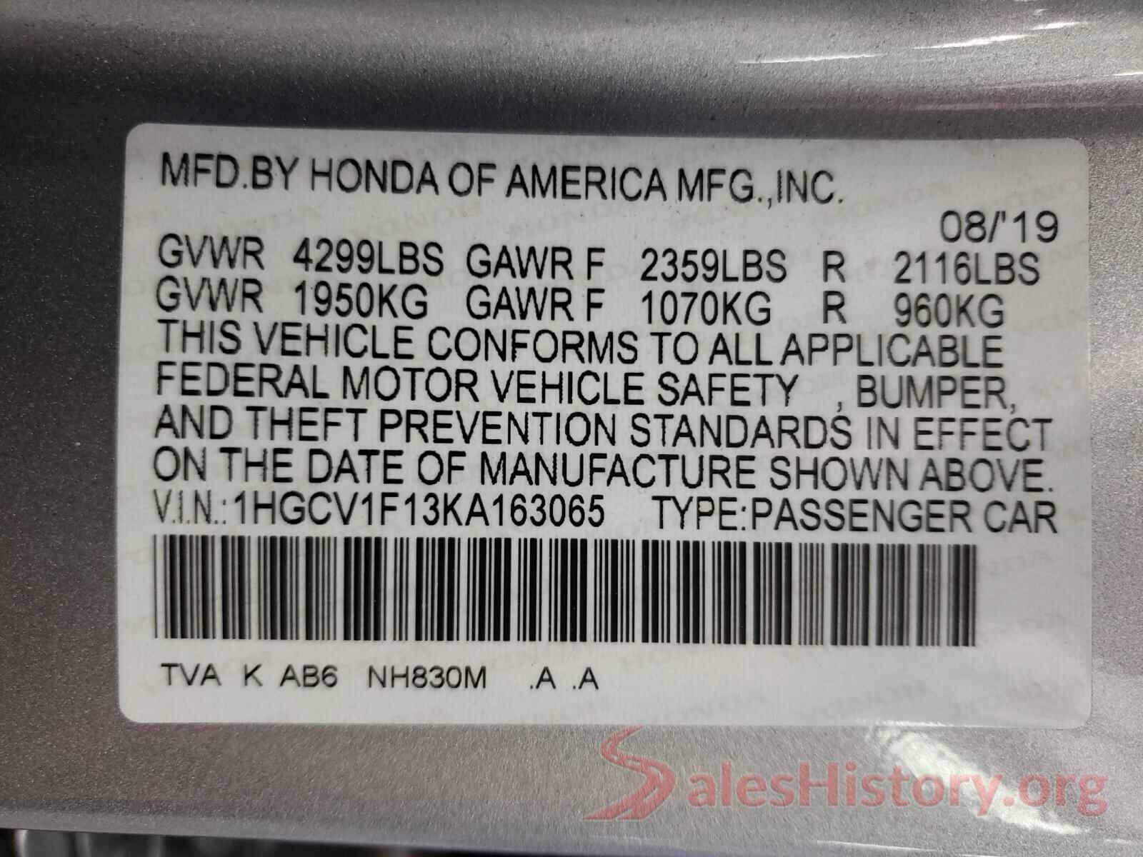 1HGCV1F13KA163065 2019 HONDA ACCORD