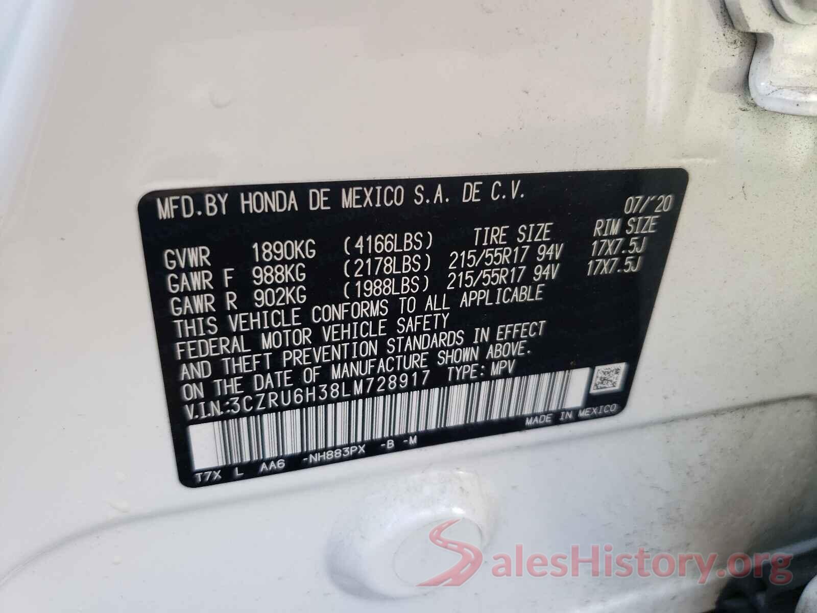 3CZRU6H38LM728917 2020 HONDA HR-V