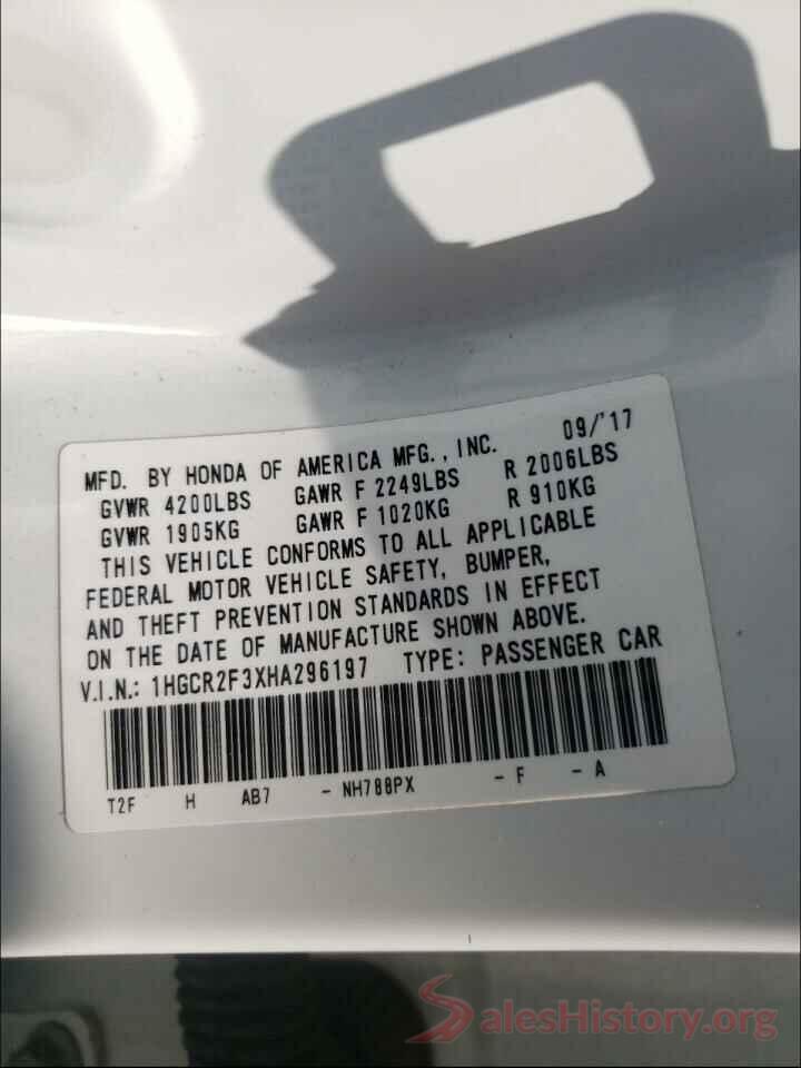 1HGCR2F3XHA296197 2017 HONDA ACCORD