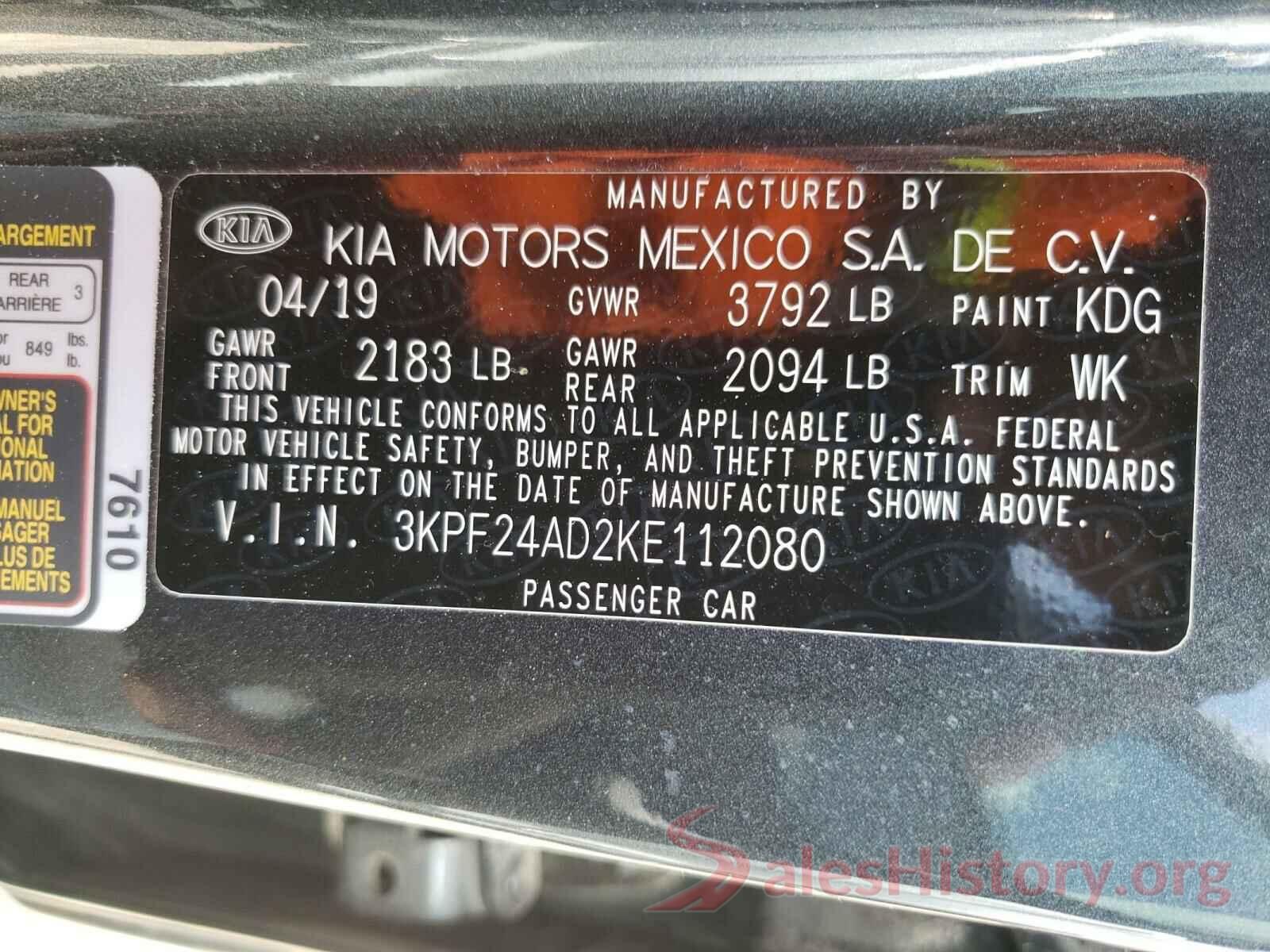 3KPF24AD2KE112080 2019 KIA FORTE