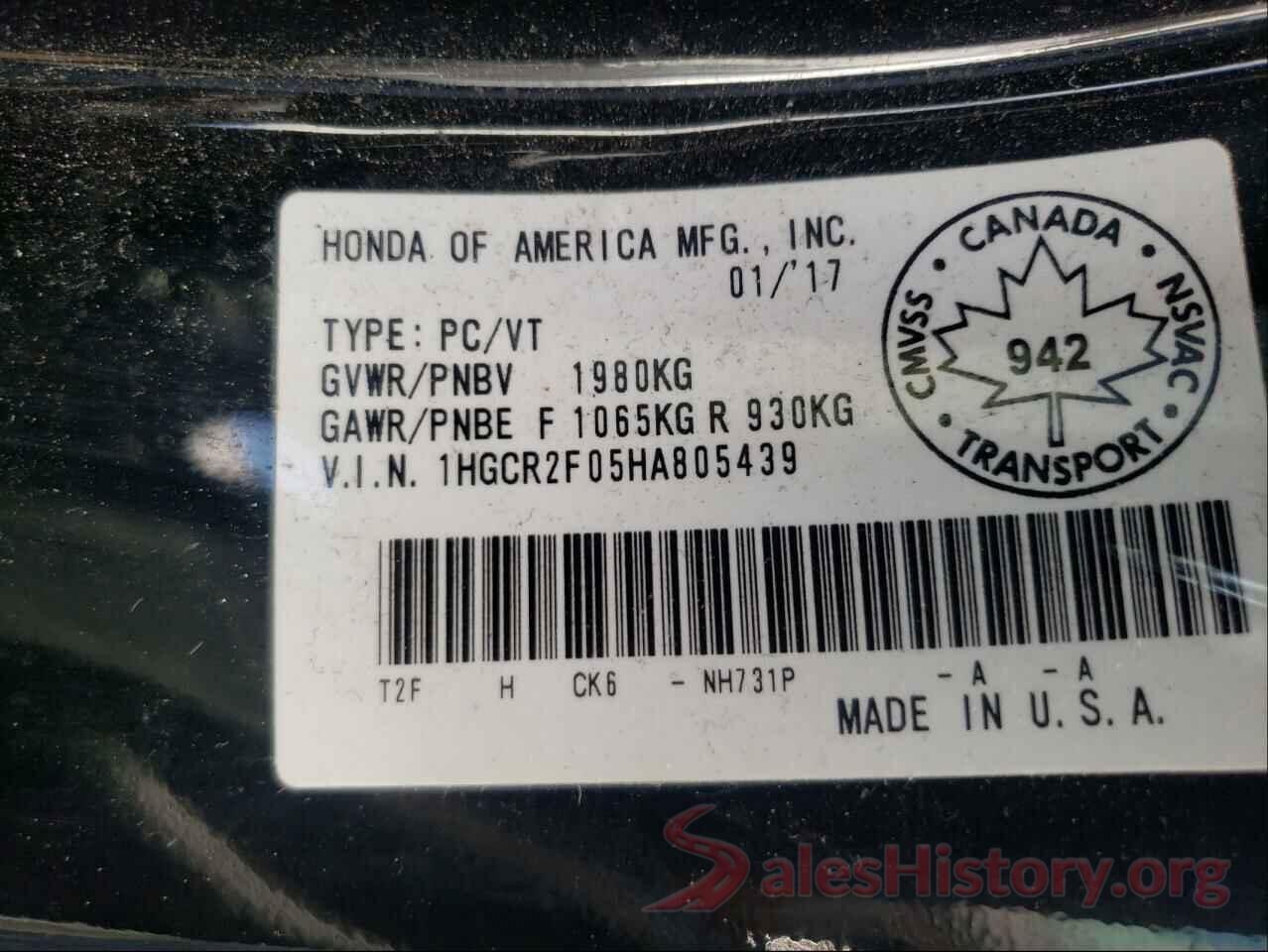 1HGCR2F05HA805439 2017 HONDA ACCORD