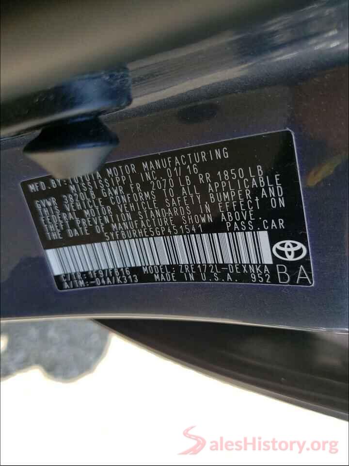 5YFBURHE5GP451541 2016 TOYOTA COROLLA